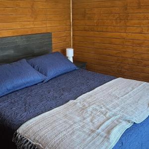ÑilqueにあるCabañas Laküの木製の壁のベッドルーム1室(大型ベッド1台付)