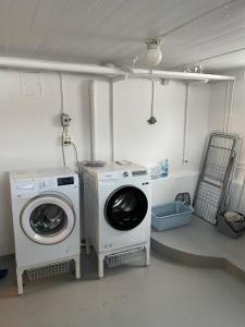 a laundry room with a washing machine and a washer at En liten lägenhet i centrala Sveg. in Sveg