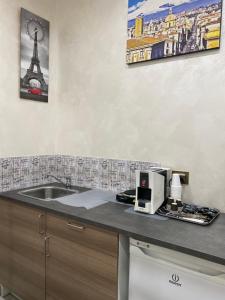 una cocina con fregadero y microondas en una encimera en La Marchesina House, en Misterbianco