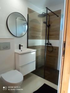 a bathroom with a shower and a toilet and a mirror at Dom z pięknymi widokami na jezioro ryńskie ilasy. in Rybical