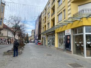 een man op een straat voor een gebouw bij Apartman Centar E&A in Tuzla