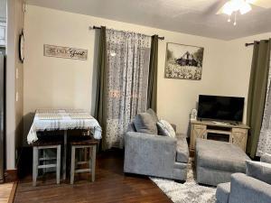 ein Wohnzimmer mit einem Sessel und einem TV in der Unterkunft The Ely Airbnb in Ely