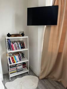 a book shelf with books and a flat screen tv at Cosy two bedroom flat in London