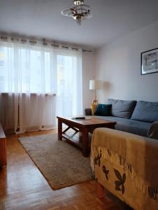 Apartament Widok في شفييدبودجين: غرفة معيشة مع أريكة وطاولة قهوة