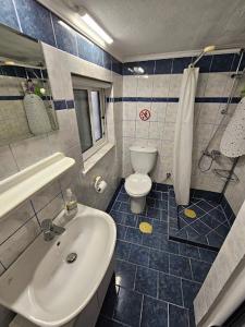 een badkamer met een wastafel en een toilet bij Isthmus Cuddly Nest in Isthmia