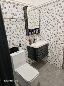 ein Badezimmer mit einem weißen WC und einem Waschbecken in der Unterkunft Fine Boy Villa, Luxe Two-Bedroom Apartments in Tema Community 25 in Tema