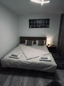 sypialnia z dużym łóżkiem i oknem w obiekcie Lovely 1 bedroom flat in a 2 ground floor house w Krajowej