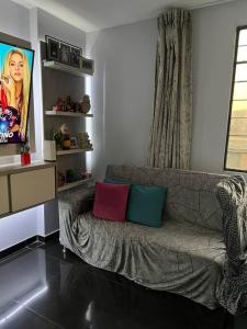 sala de estar con sofá y 2 almohadas coloridas en Espacio para ti y tu familia, en Lima