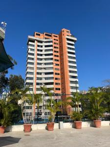 een hoog gebouw met palmbomen ervoor bij Río de Oro in Caracas