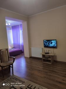 a living room with a couch and a tv on the wall at Apartments Domovik Parkaniya, 2A in Mukacheve