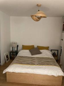 ein Schlafzimmer mit einem großen Bett mit einer Lampe darüber in der Unterkunft Apartment in a charming house in Asnières-sur-Seine