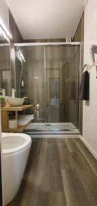 a bathroom with a shower and a toilet and a sink at Confort Studio 1 City Center in Bucharest +16 photos