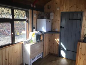 a kitchen with a stove and a microwave in a room at Fronfetyn in Aberystwyth