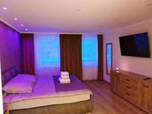 a purple bedroom with a bed and a flat screen tv at Góry Sowie przystanek DAD HOUSE in Sokolec