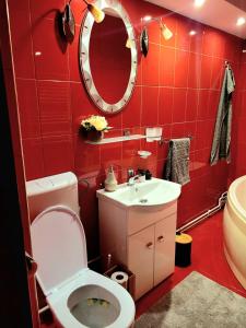 a red bathroom with a toilet and a sink at Apartament Velana in Reşiţa