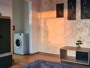 een woonkamer met een wasmachine en een tafel bij Cozy Apartment- zona centrala in Bacău