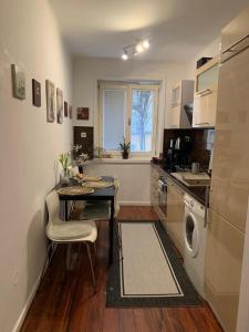 een kleine keuken met een tafel en een wasmachine bij Comfort Humboldt Apartment in Wenen