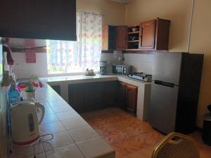 a small kitchen with a refrigerator and a window at City Lodge in Rose Hill