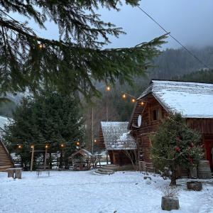 a log cabin in the snow with christmas lights at Будинок Художника in Synevyrsʼka Polyana
