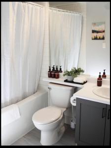 ein weißes Badezimmer mit Toilette und Waschbecken in der Unterkunft Bright Whistler Village Getaway w/ pool & hot tub in Whistler