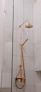 a shower with a glass door and a shower head at Aparthotel Nowy Świat 28 in Warsaw