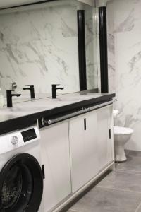 NarrabundahBig Modern Loft Apt - Central - 7 Beds, 9 Guests - Workers, Families, Groups, Teams的配有洗衣机和水槽的浴室