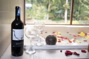een fles wijn en twee wijnglazen op een aanrecht bij Terra Luna Lodge in Tena