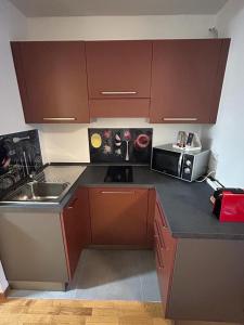 a kitchen with brown cabinets and a sink and a microwave at Giappetto House in Limone Piemonte