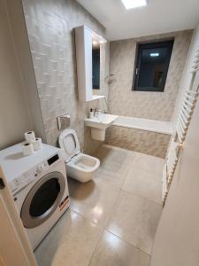 y baño con aseo, lavabo y lavadora. en Corporate One Room Pipera Luxury, en Bucarest