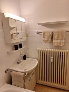 ein Badezimmer mit einem Waschbecken, einem Spiegel und einem Heizkörper in der Unterkunft Fewo Berg-Domizil Bad Harzburg mit eigenem Parkplatz, Inklusive Bettwäsche und Handtücher in Bad Harzburg