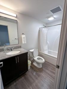 a bathroom with a toilet and a sink and a tub at The Best of Downtown Living in Baton Rouge