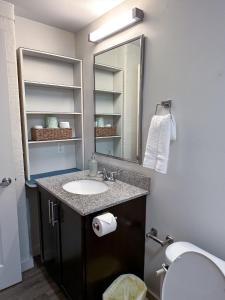 a bathroom with a sink and a mirror at The Best of Downtown Living in Baton Rouge