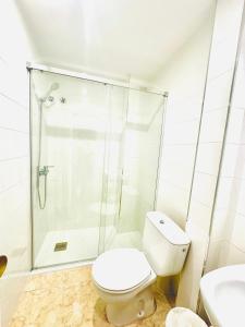 a bathroom with a shower and a toilet and a sink at Hostal La Taberna in Arenas de San Pedro