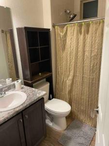 a bathroom with a toilet and a sink and a shower at Beautiful 3bedroom & loft home with mountains view in Denver