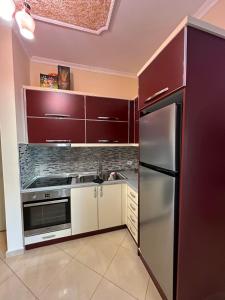 La cuisine est équipée d'un réfrigérateur et de placards en acier inoxydable. dans l'établissement Rio's Apartment, à Berat
