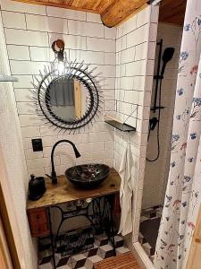 a bathroom with a sink and a mirror at Chata Bottka in Šumiac