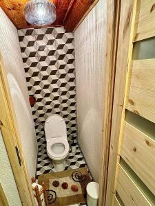 a small bathroom with a toilet and a checkered wall at Chata Bottka in Šumiac