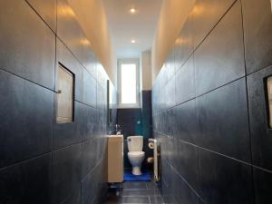 ein Bad mit einem WC und einem Fenster in der Unterkunft Wohnung im Zentrum 70 qm in Hof