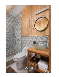 een badkamer met een toilet, een wastafel en een spiegel bij casa carahue saavedra in Carahuo