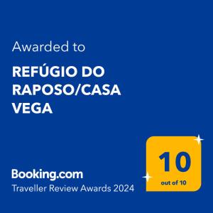 Ett certifikat, pris eller annat dokument som visas upp på REFÚGIO DO RAPOSO/CASA VEGA