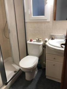 y baño con aseo, lavabo y ducha. en Habitacion LUMINOSA en Palma para una sola persona en casa familiar, en Palma de Mallorca