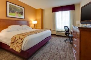 a hotel room with a bed and a flat screen tv at Drury Inn & Suites Baton Rouge in Baton Rouge