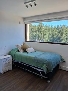 a bedroom with a bed and a large window at VILLA THE SUN in Concepción