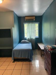 um quarto com paredes azuis, uma cama e uma secretária em No Regrets em Coxen Hole
