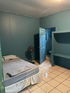 a bedroom with a bed and a blue wall at No Regrets in Coxen Hole