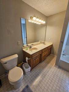 bagno con servizi igienici, lavandino e specchio di Fully furnished home with lots of natural lighting and personal office space a Fayetteville