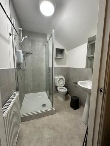 een badkamer met een douche, een toilet en een wastafel bij Modern en-suite spacious room near Deansgate manchester city in Manchester