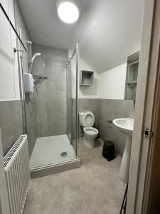 a bathroom with a shower and a toilet and a sink at Modern en-suite spacious room near Deansgate manchester city in Manchester