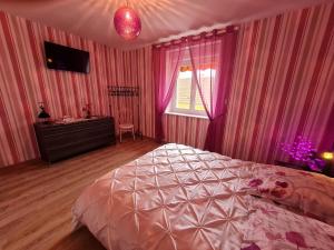 una camera da letto con tende rosa, un letto e una finestra di Guestroom Choloy-Ménillot, 2 pièces, 4 personnes - FR-1-584-189 a Choloy