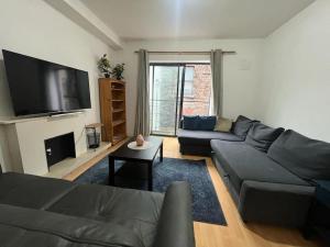 a living room with a couch and a tv at The Flat in Temple Bar in Dublin